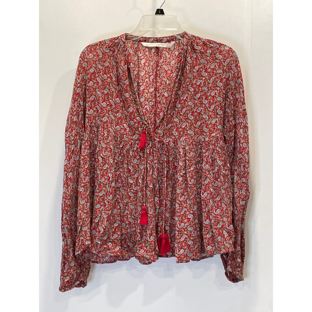 Zara Womens Floral Top Boho Peasant Babydoll Paisley Red Tassels Size Small